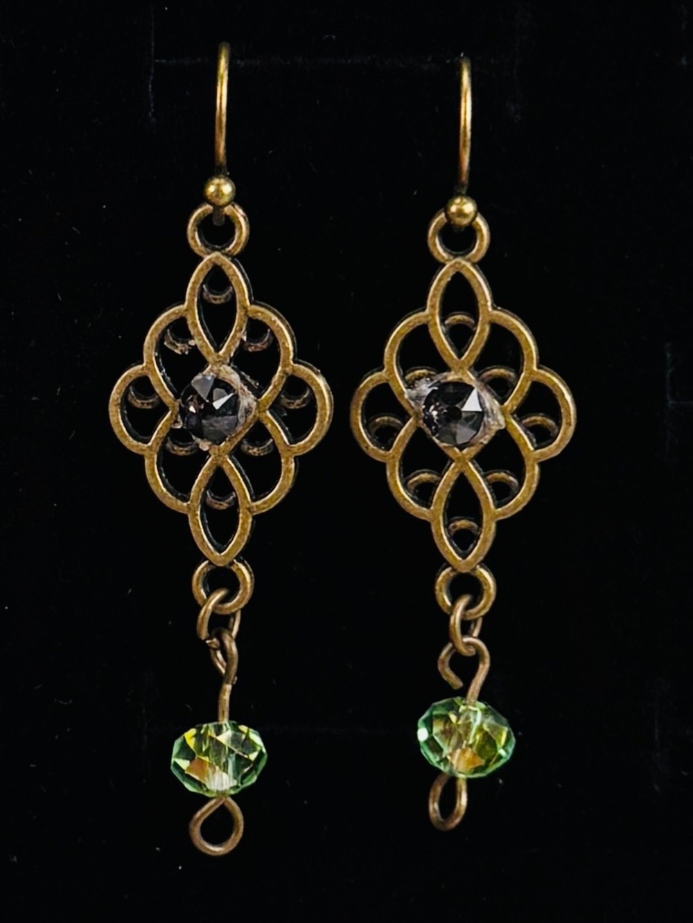 Bohemian chic, aged bronze tone, green bead, lightweight pierced earrings